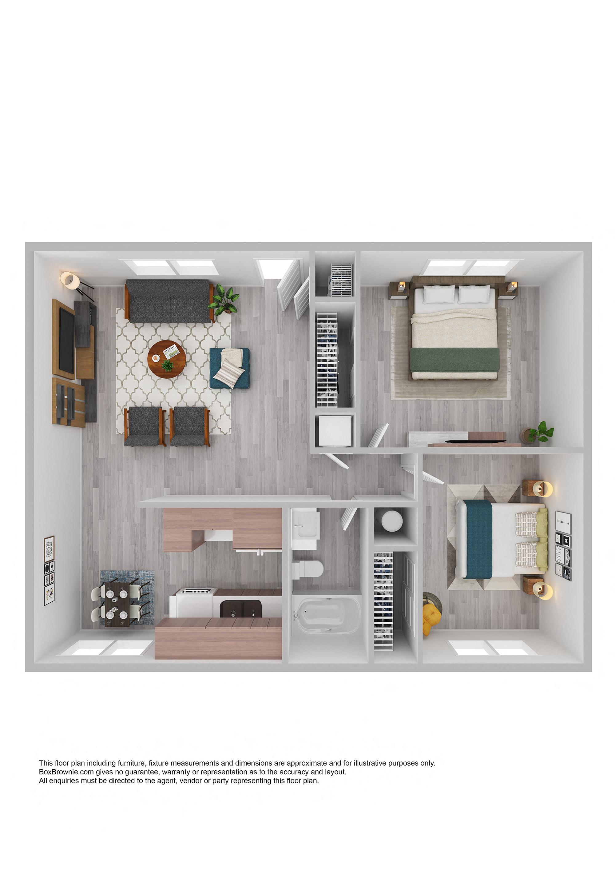 Floor plan for 2 beds, 1 bath, 805 sqft